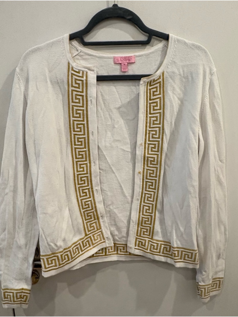 Lilly Pulitzer White Cardigan with Gold Greek Key Trim